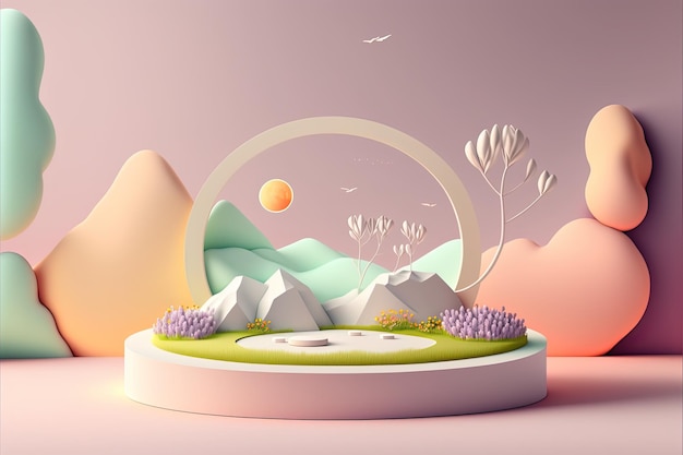 Photo a 3d illustration of a landscape with mountains and a lake.