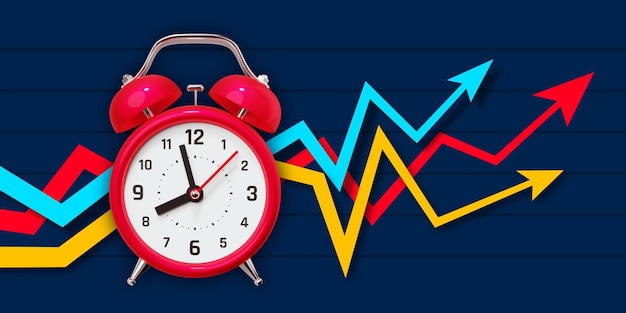 3d illustration of red retro alarm clock with growth arrow chart financial analysis time