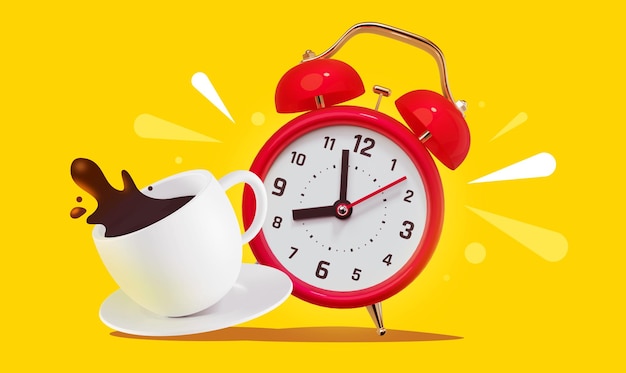 3d illustration of retro red alarm clock with coffee cup