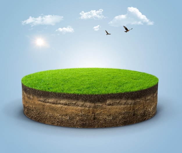 Photo 3d illustration of round isometric piece of playground or farm isolated with clouds. slice of land.