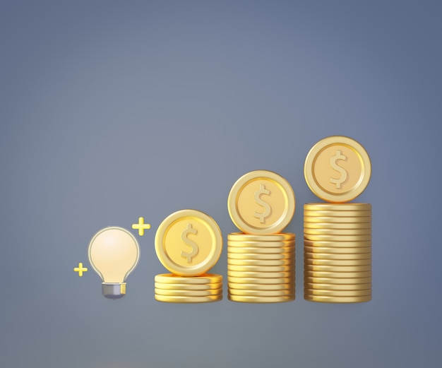 3d lamp bulb with stack gold coin graph. Creative idea concept. 3D illustration rendering.