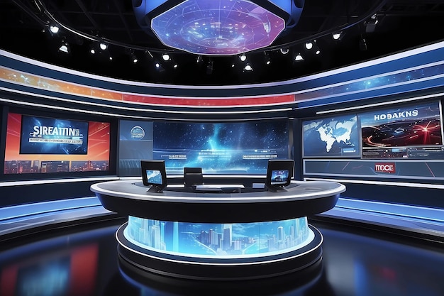 3D news studio with holographic panels displaying live updates and breaking news alerts