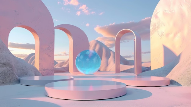 Photo 3d render of an abstract background with pastel pink and blue colors round podiums in a desert landscape with sky