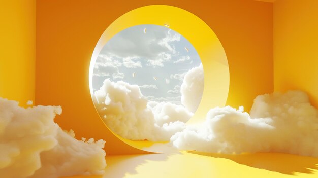 Photo 3d render abstract minimal yellow with white clouds flying out the tunnel cloud background room