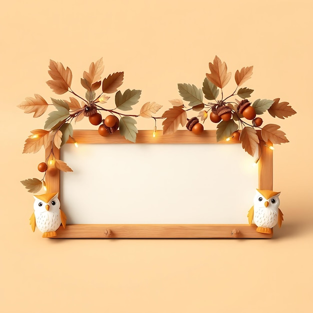 Photo 3d render of art deco blank wooden sign board acorns oak leaves cute owl figurines string lights wit