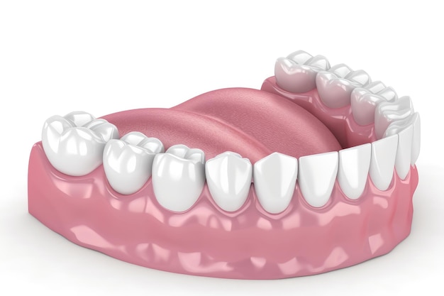 Photo 3d render of a dental implant being installed into a model of the gum