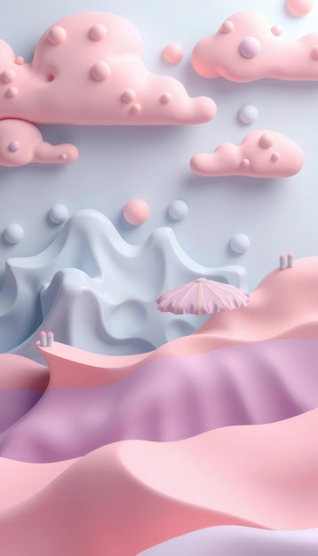 Photo 3d render of pastel pink and blue cloudscape with a purple umbrella