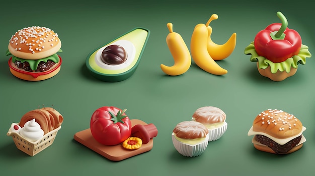 Photo 3d render of a set of cartoon food icons