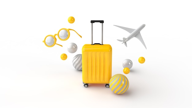 3d render yellow suitcase with holidays objects floating around isolated on white background