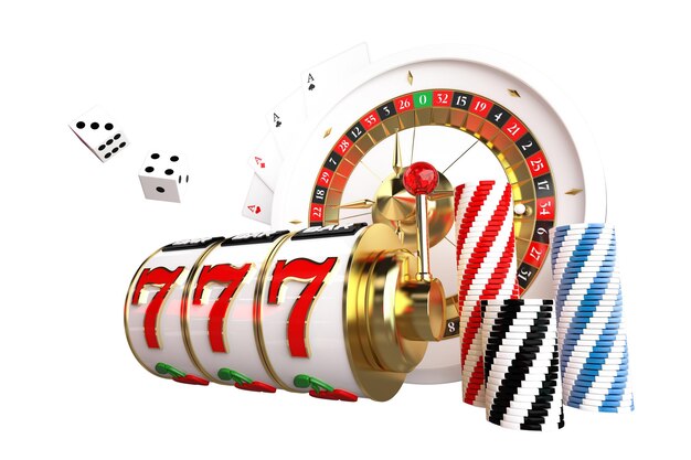 Photo 3d rendered casino games objects slot machine reels roulette dices poker cards and chips illustration