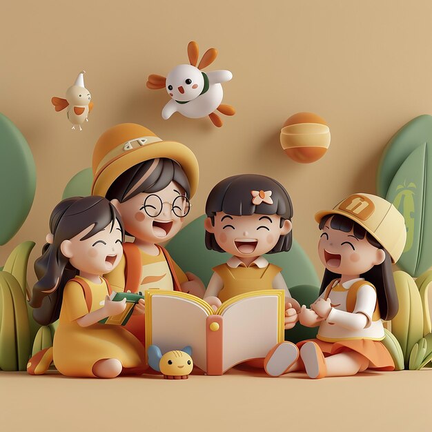 Photo 3d rendered children day illustration group of children are reading a book together anime style