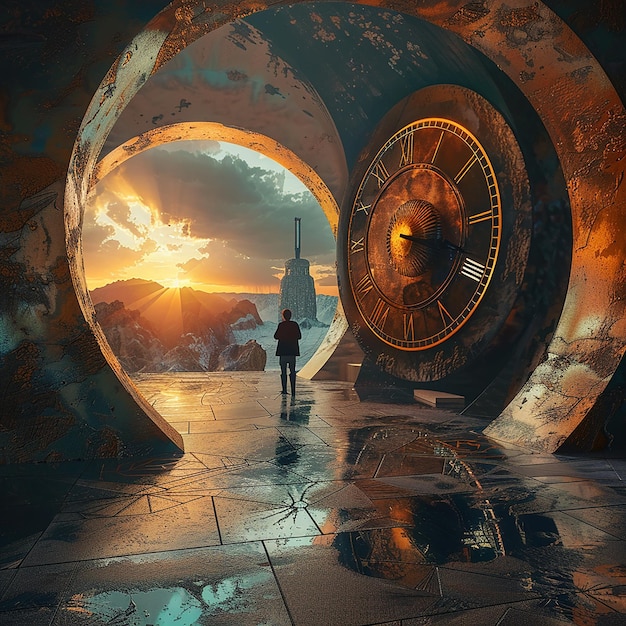 Photo 3d rendered photo of generate an artwork that explores the concept of time travel