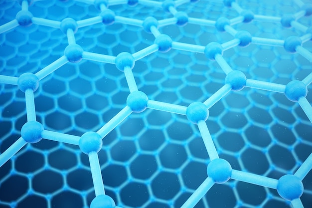 3D rendering abstract nanotechnology hexagonal geometric form close-up. Graphene atomic structure concept, carbon structure.