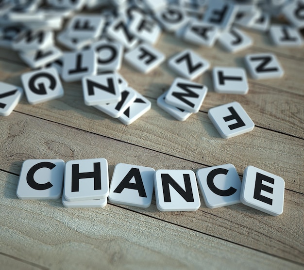 Photo 3d rendering  of a background with scattered letter tiles with a small group forming the word chance