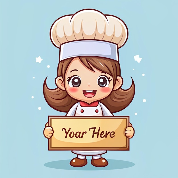 Photo 3d rendering of a happy cute girl chef smiling and holding a text box banner logo in cartoon art illustration