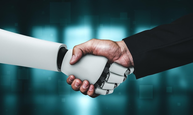 3D rendering humanoid robot handshake to collaborate future technology