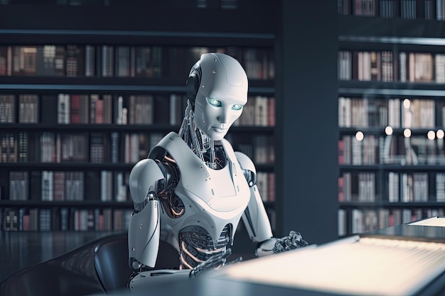 3d rendering humanoid robot working in a library with bookshelf Futuristic AI robot reading books in a library AI Generated