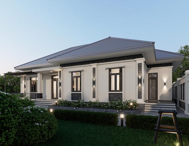 Photo 3d rendering one story contemporary house of thai style with parking and natural scenery background