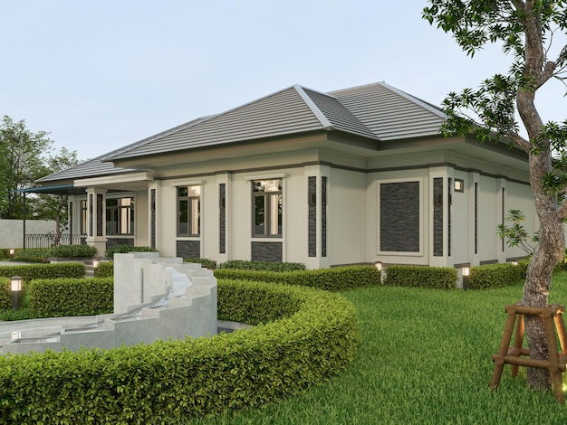 Photo 3d rendering one story contemporary house of thai style with parking and natural scenery background