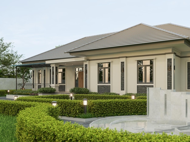 Photo 3d rendering one story contemporary house of thai style with parking and natural scenery background