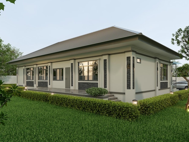 Photo 3d rendering one story contemporary house of thai style with parking and natural scenery background