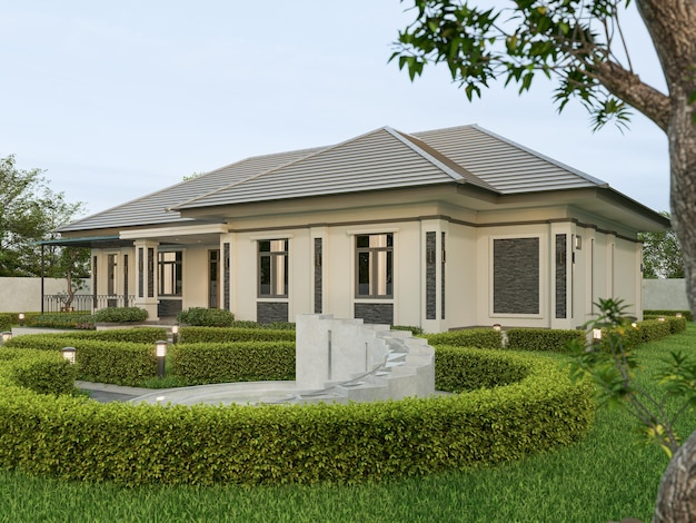 Photo 3d rendering one story contemporary house of thai style with parking and natural scenery background