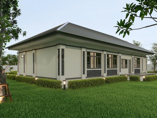 Photo 3d rendering one story contemporary house of thai style with parking and natural scenery background