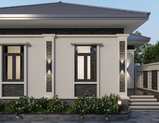 Photo 3d rendering one story contemporary house of thai style with parking and natural scenery background