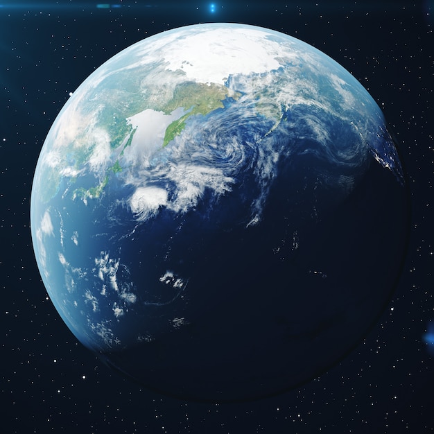 Photo 3d rendering planet earth from the space at night. the world globe from space in a star field showing the terrain and clouds elements of this image furnished by nasa.
