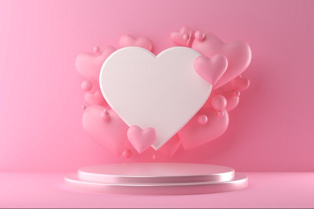 3d rendering of podium display with heart and pink ball, happy valentines day background.