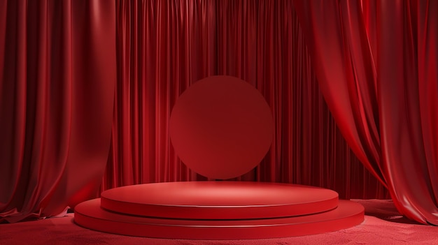 Photo 3d rendering of a red silk curtain stage with a podium