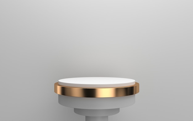 3d rendering of round pedestal located in grey background, cylindrical platform with gold detail, 3d render, scene with geometrical forms, minimal abstract background