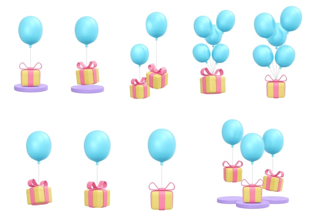 3D Rendering of set of gift box with balloon concept of present decoration icon collection for commercial design isolated on white background 3D Render illustration cartoon style