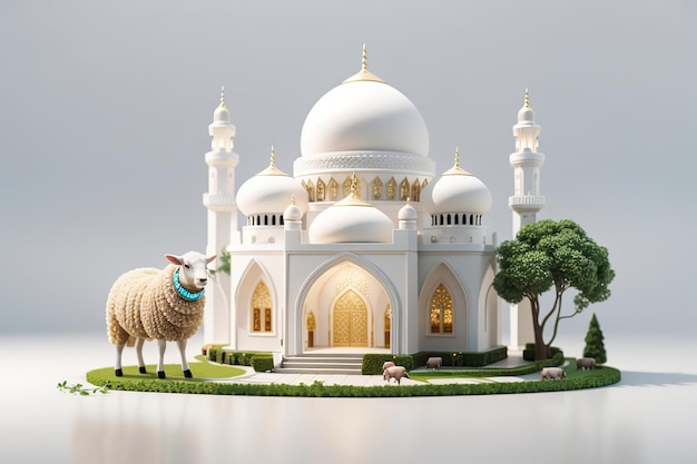 3D rendering of a simple miniature mini mosque and 3d cute sheep