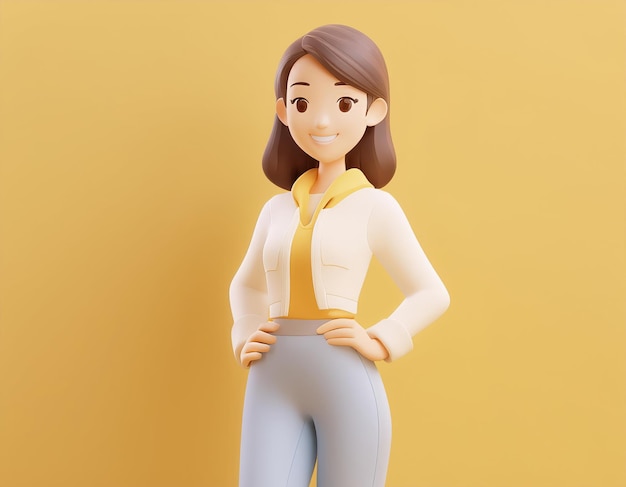 Photo 3d rendering of a smiling woman in a white jacket yellow shirt and blue pants 3d render