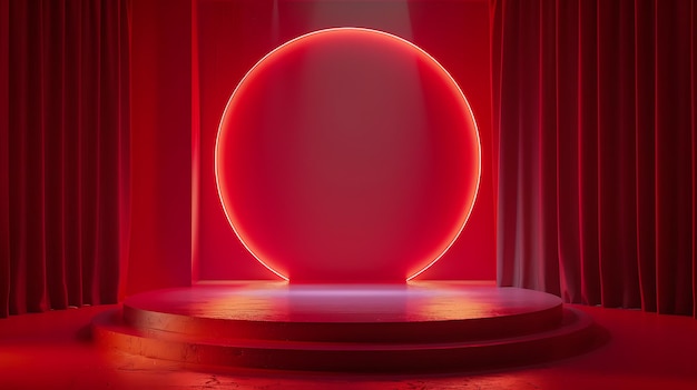 Photo 3d rendering of a stage with a glowing circle and red curtains