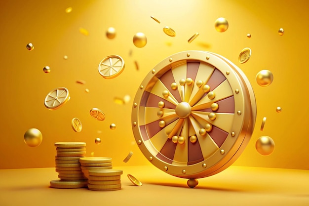 Photo 3d spinning fortune wheel and barrel with flying gold coins on yellow background