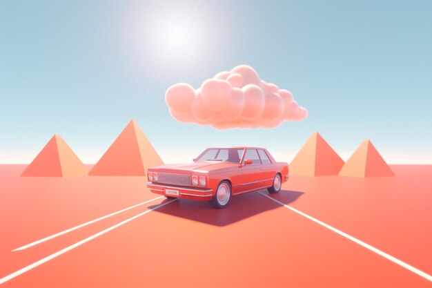 Photo 3d view of sun on sky with car road