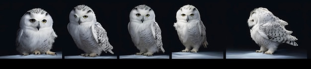 Photo 5 different owl isolated on a black background generative ai