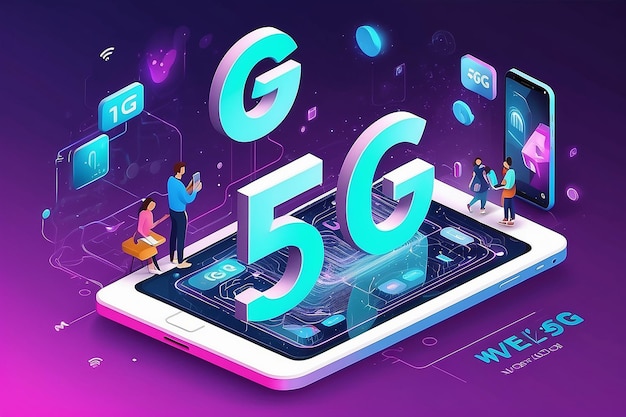 Photo 5g network wireless technology vector illustration isometric smartphone with big letters