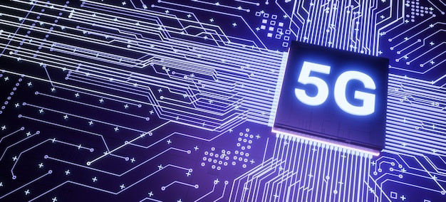 5G support microchip on smartphone circuit board, smart iot communication microprocessor, 3d rendering futuristic fast real time mobile network internet technology concept background