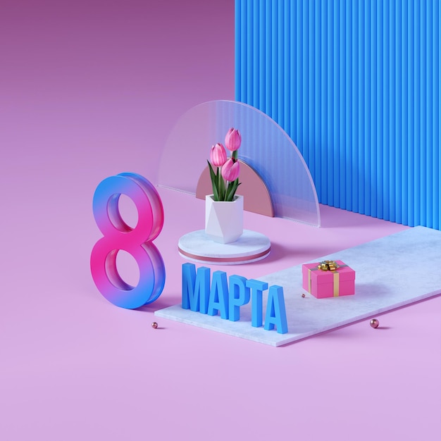 8 March banner with tulips 3d render for instagram