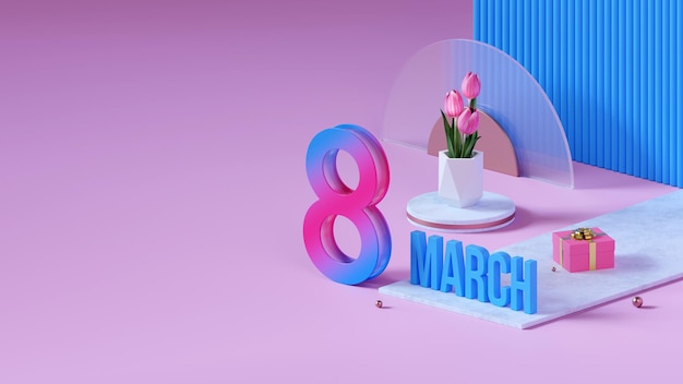 8 March banner with tulips 3d render with text area