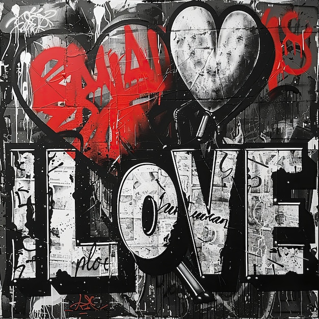 8w the pieces and the word love in the style of exquisite black and white engravings spray painted realism pop art inspired figurative works asymmetrical framing toycore luminous sfumato