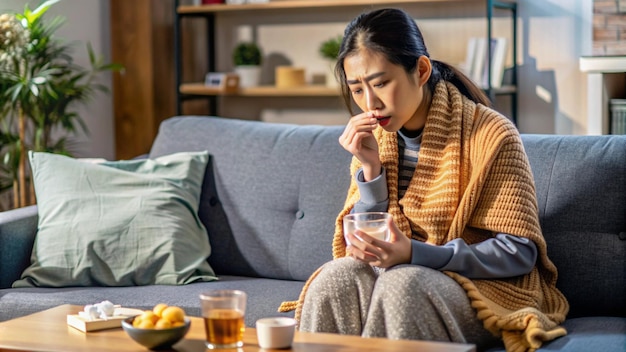 写真 アジアの女性がソファに横たわり抗生物質を飲もうとしています