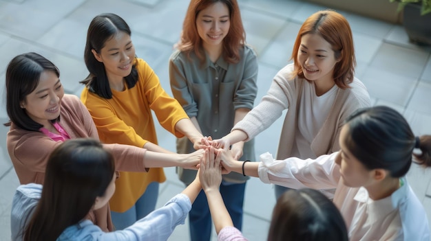 사진 팀 빌딩 워크 에 참여 하는 아시아 전문가 들 의 한 집단 이 연합 의 상징 으로 손 을 고 원 을 이루고 있다