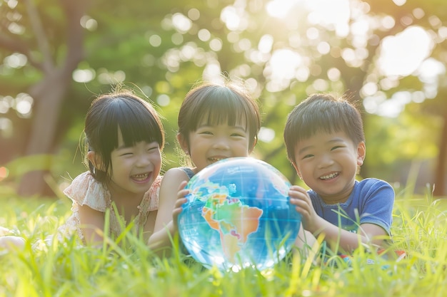 사진 공원에서 아름다운 빛의 날과 텍스트 또는 제품에 대한 흐릿한 배경으로 지구 지구를 들고 있는 젊은 아시아 어린이 그룹