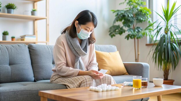 写真 病気でソファに横たわっている日本人女性が抗生物質を飲もうとしています