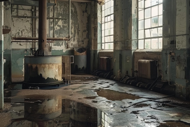 Abandoned industrial interior with reflective water