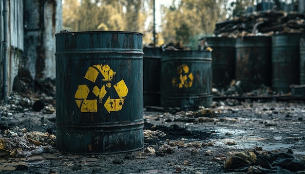 Photo abandoned industrial site with recycling barrels surrounded by debris at dusk